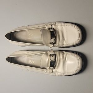 Prada Vintage Loafer in Off-White Leather with Silver Logo Buckle & Chunk Heel